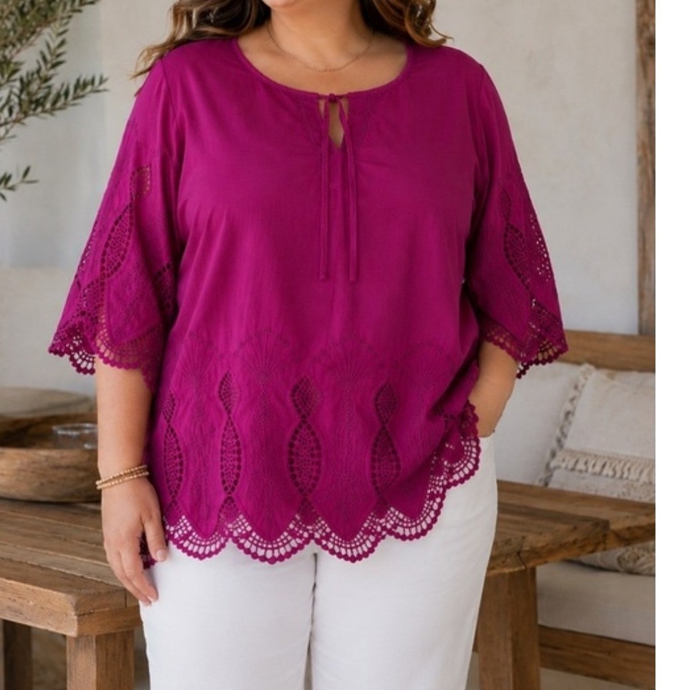 Lauren Ralph Lauren Blouse Womens XL Magenta Eyelet Crochet Lace Peasant Top